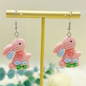 Pink Bunny Earrings with Floral Design nwt